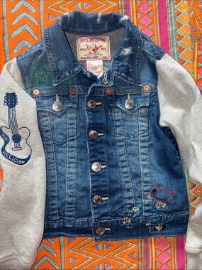Rare True Religion Blue Denim Jacket with Gray Sleeves
